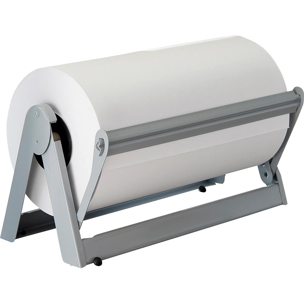 Roll of white paper on a gray dispenser.