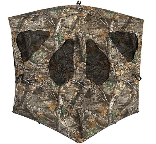 Hunting blind with camouflage pattern and windows.