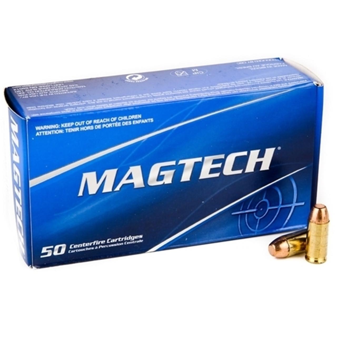 Magtech 50 centerfire cartridge box with bullets.