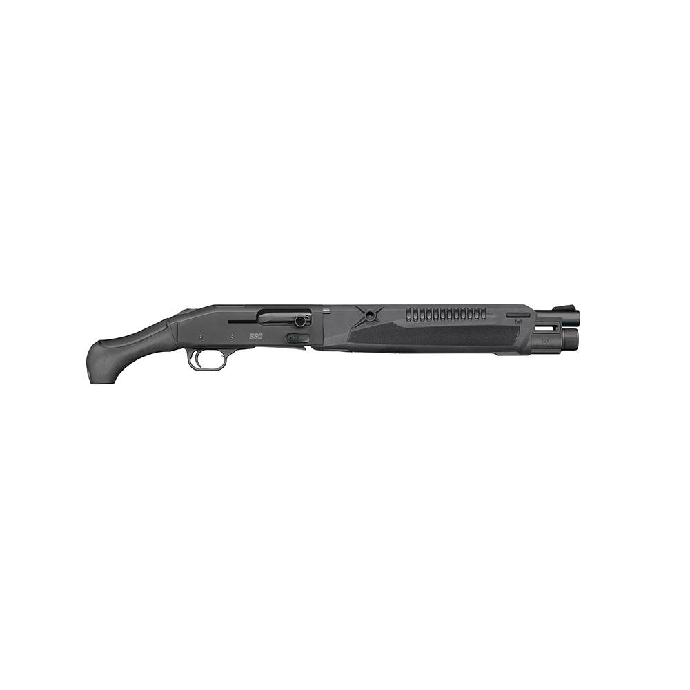Side view of a black shotgun.