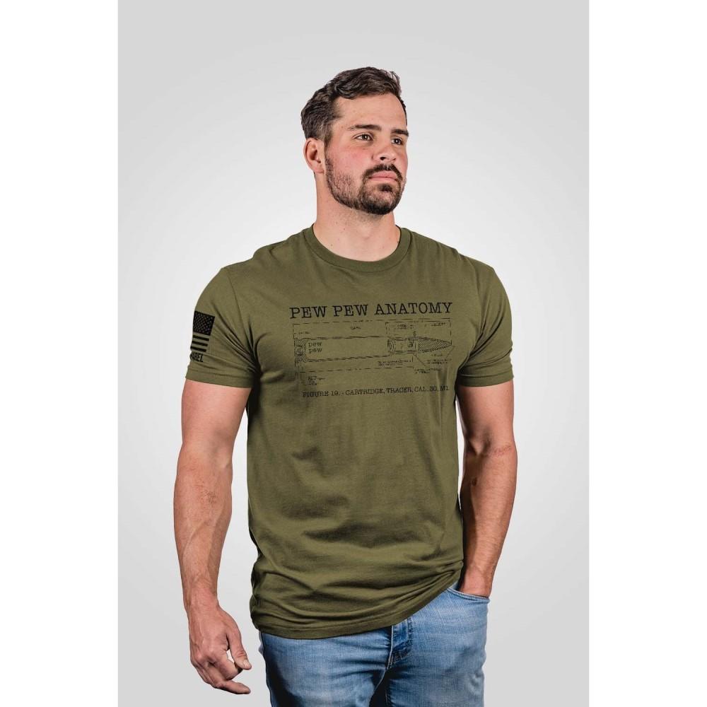 Man wearing green t-shirt with graphic design.
