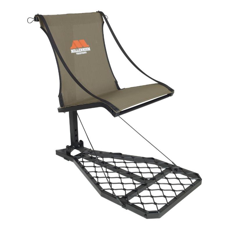 Portable hunting chair with footrest for comfort.