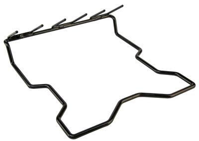 Black metal wire frame with hooks.