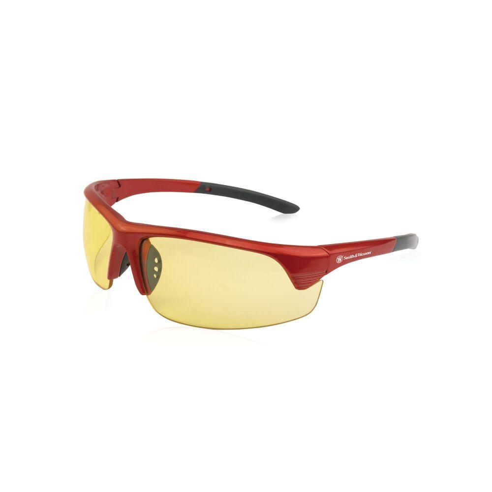 Red sunglasses with yellow lenses for outdoor activities.