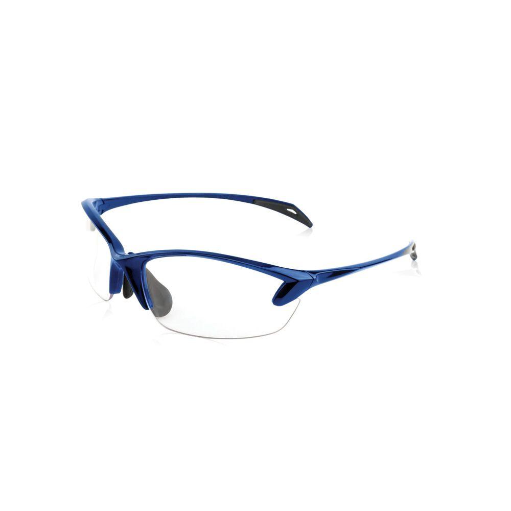 Sleek blue sports glasses with clear lenses.