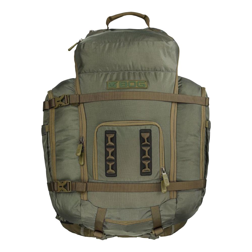Olive green hiking backpack with multiple compartments.