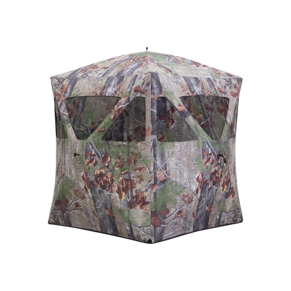 Camouflage hunting blind with multiple windows.
