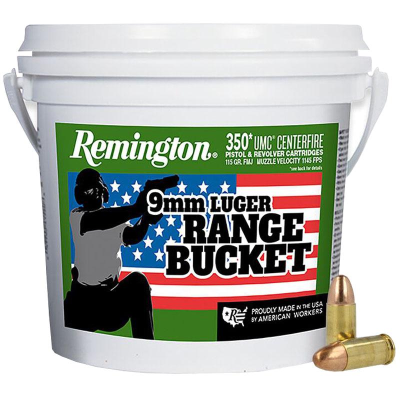 Remington 9mm luger ammunition bucket with cartridges.