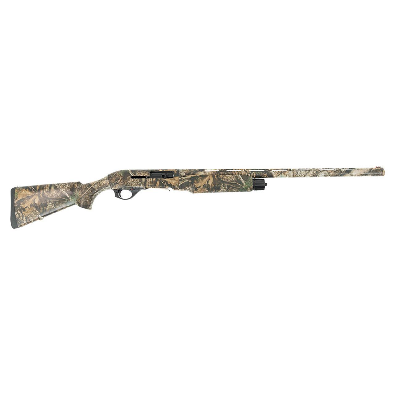 Camo-patterned shotgun on white background