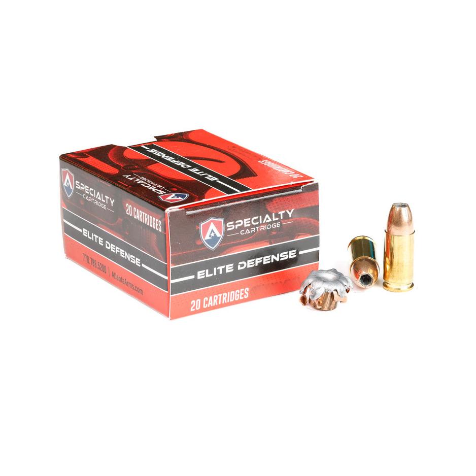 Box of Elite Defense cartridges with two bullets.