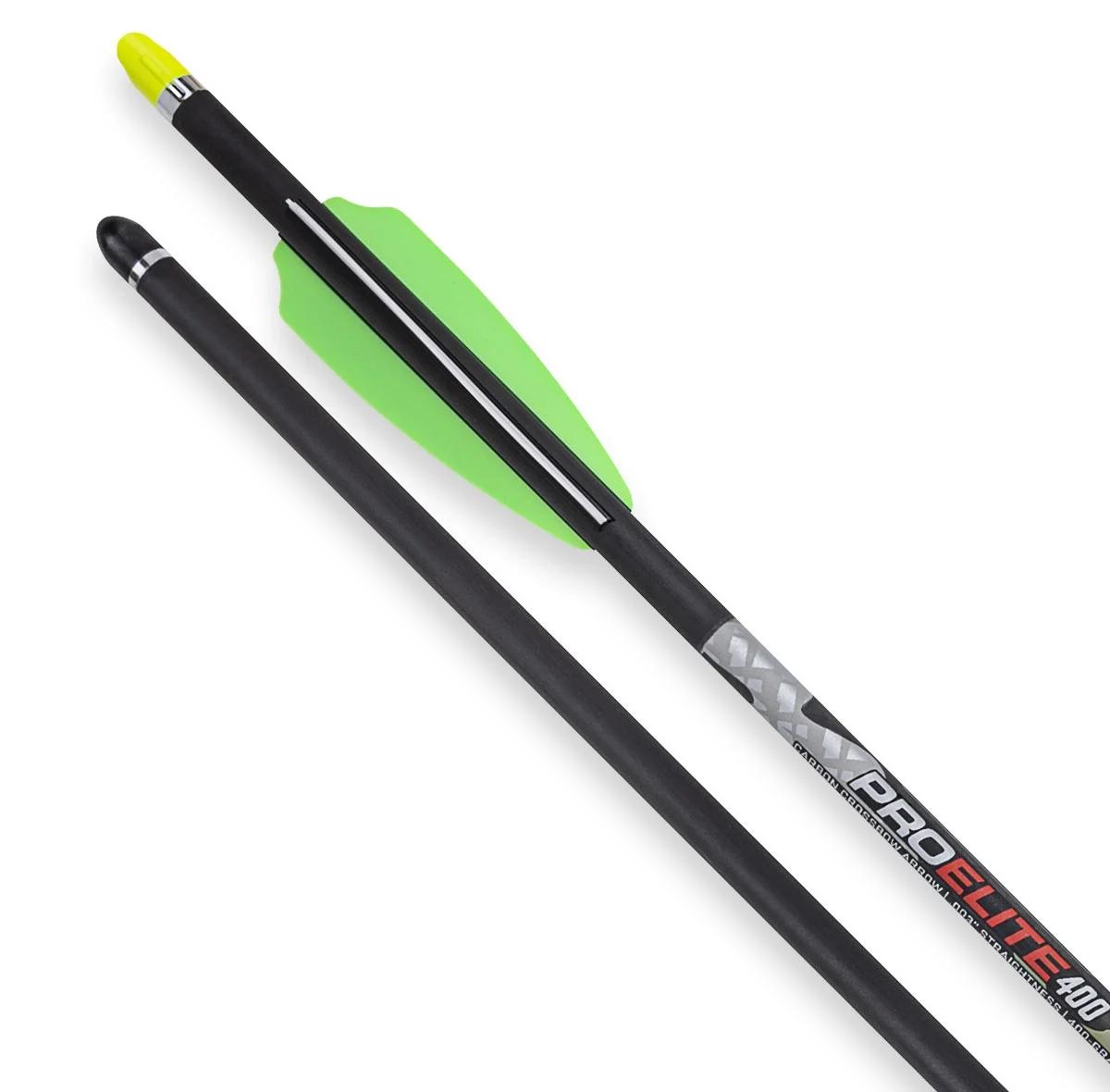 Close-up of a black arrow with green fletching.