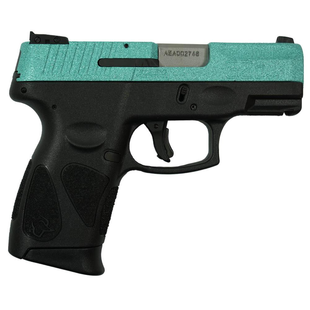 Black and teal handgun on a white background.