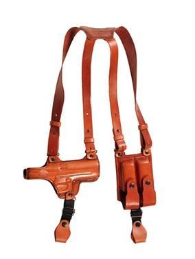 Brown leather holster with shoulder straps.