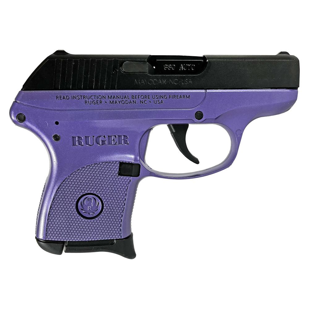 Purple Ruger handgun with safety instructions.