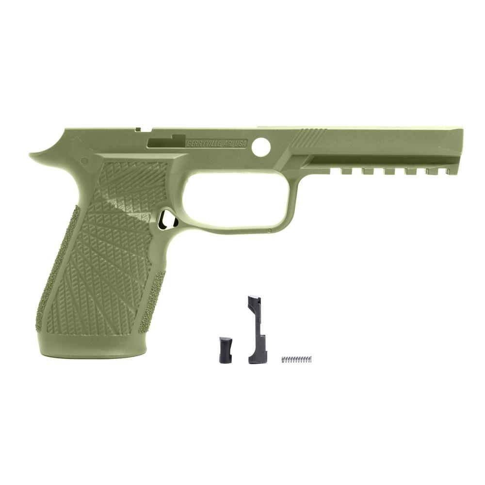 Olive green firearm frame with accessories