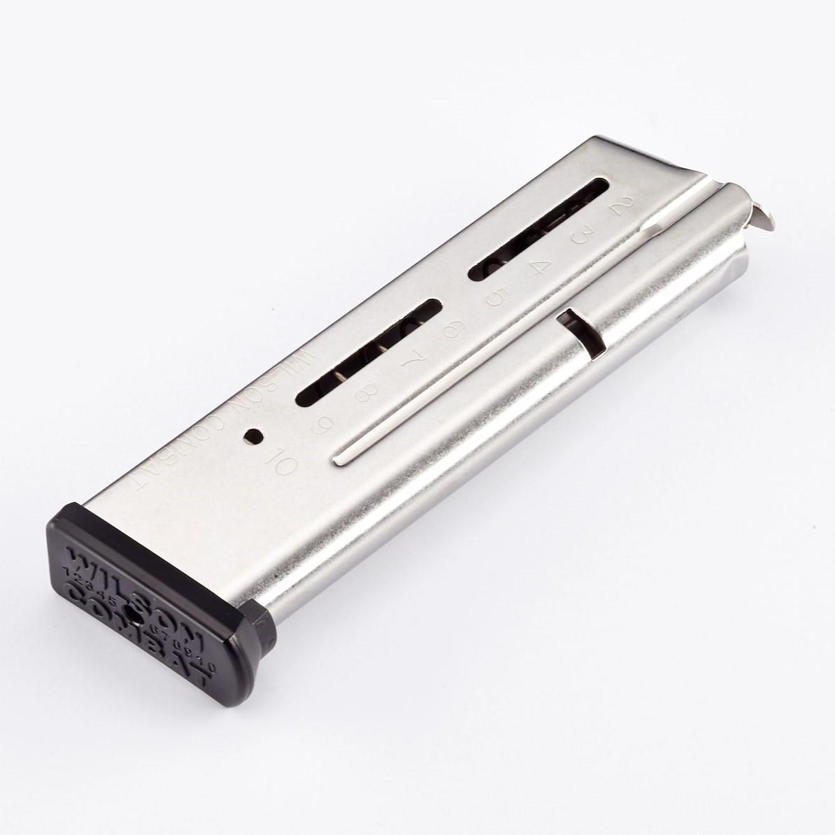 Stainless steel magazine for firearm with numbered slots.
