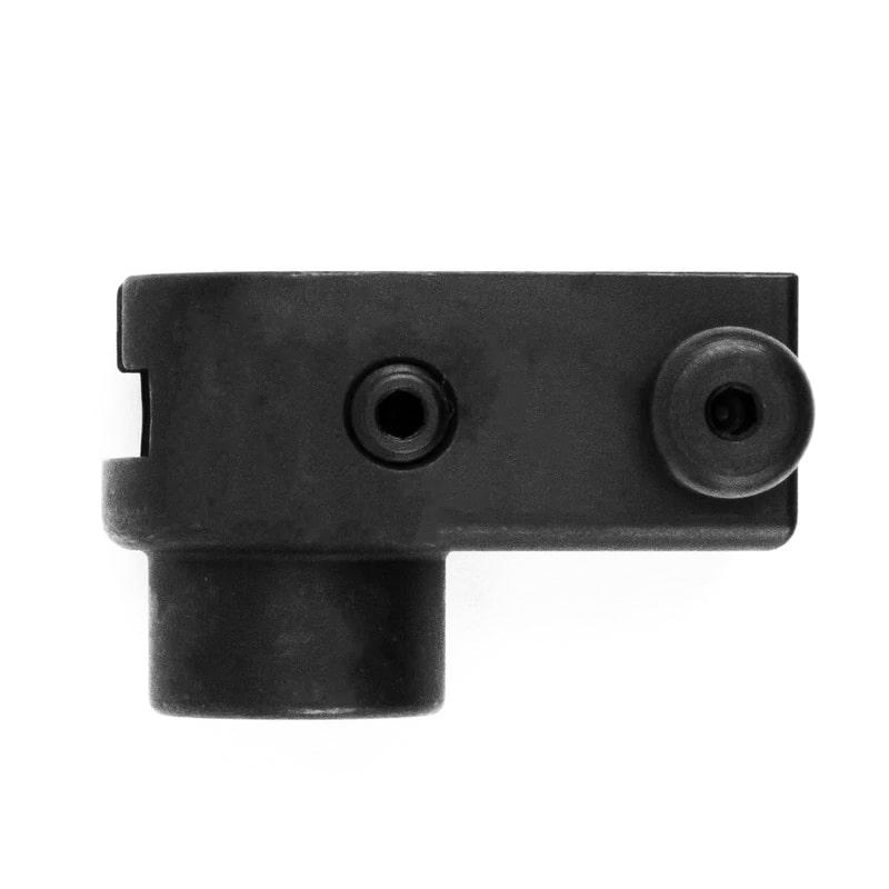 Black mechanical component with various fittings.