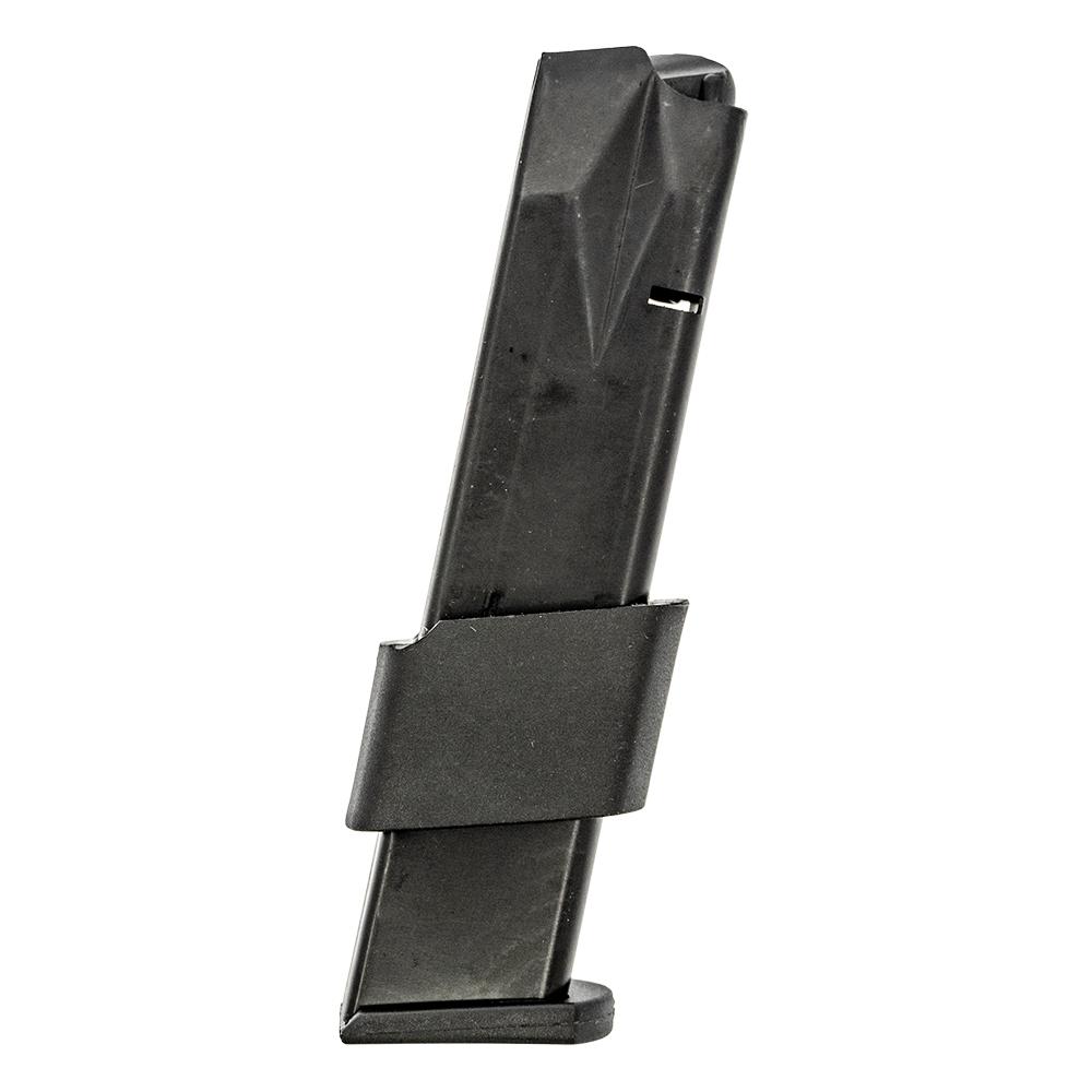 Black magazine for a firearm standing vertically.