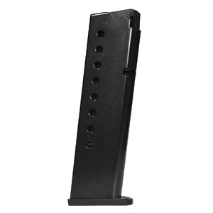 Black gun magazine standing vertically on a white background.