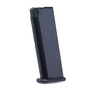 Black magazine for a firearm on white background.