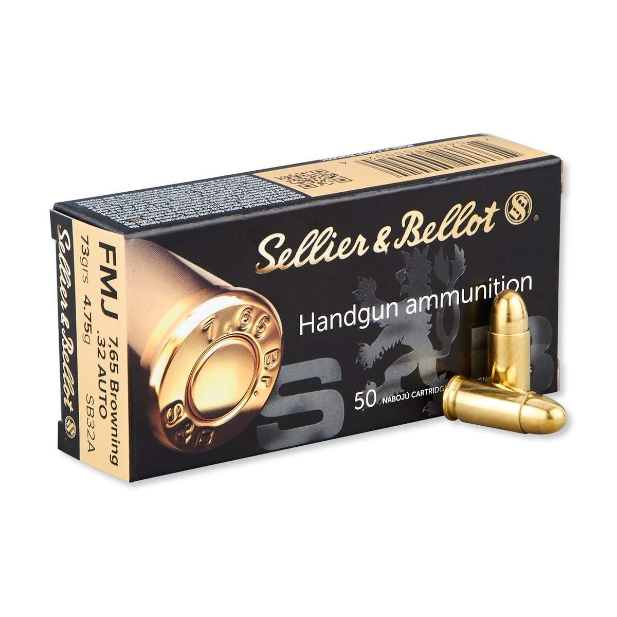 Box of Sellier & Bellot handgun ammunition with cartridges.