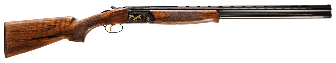 Side view of a double-barrel shotgun.