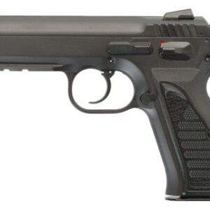 Black semi-automatic handgun on a white background.