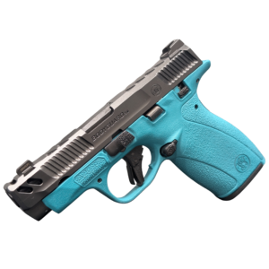 Turquoise handgun with silver accents on display.