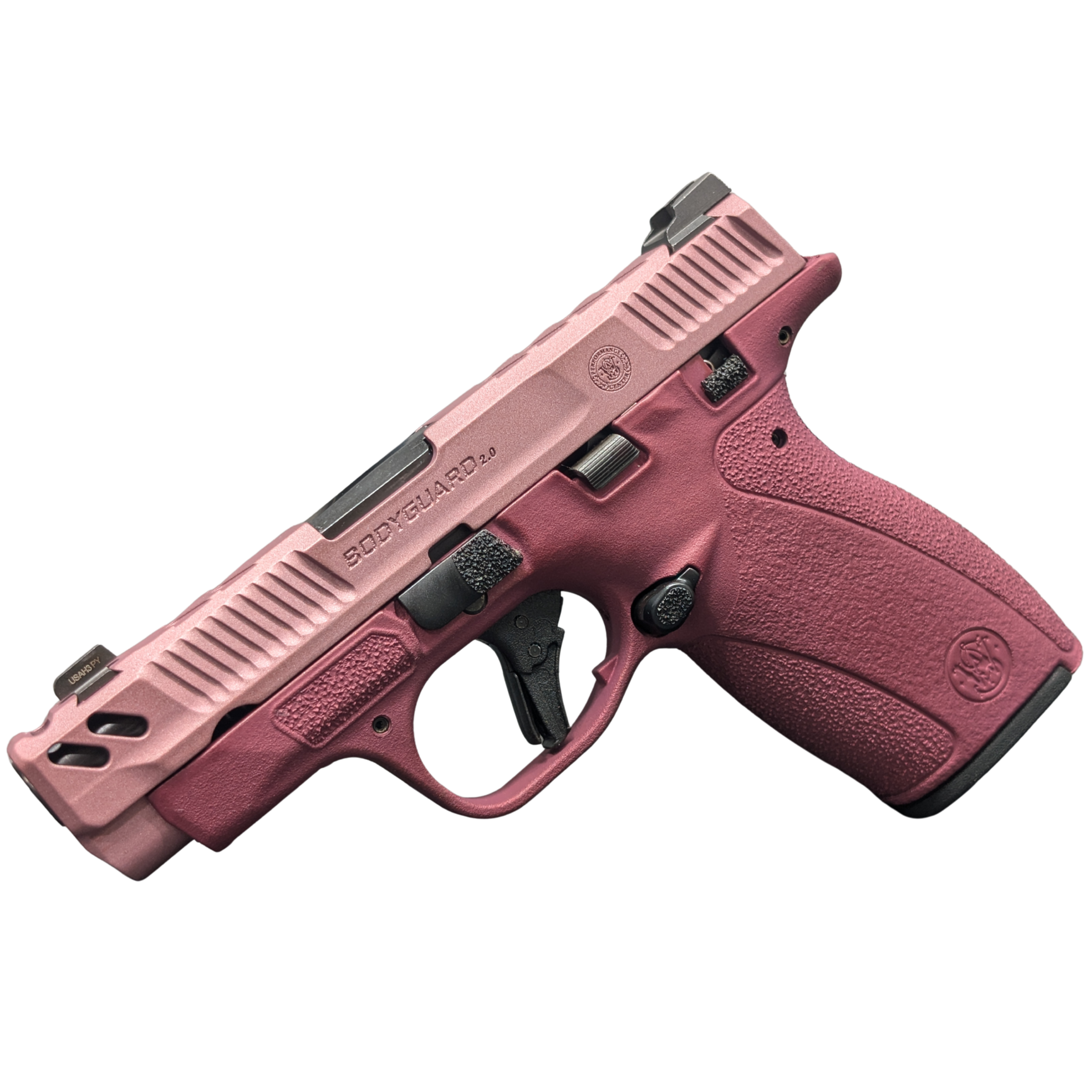 Pink handgun model on black background