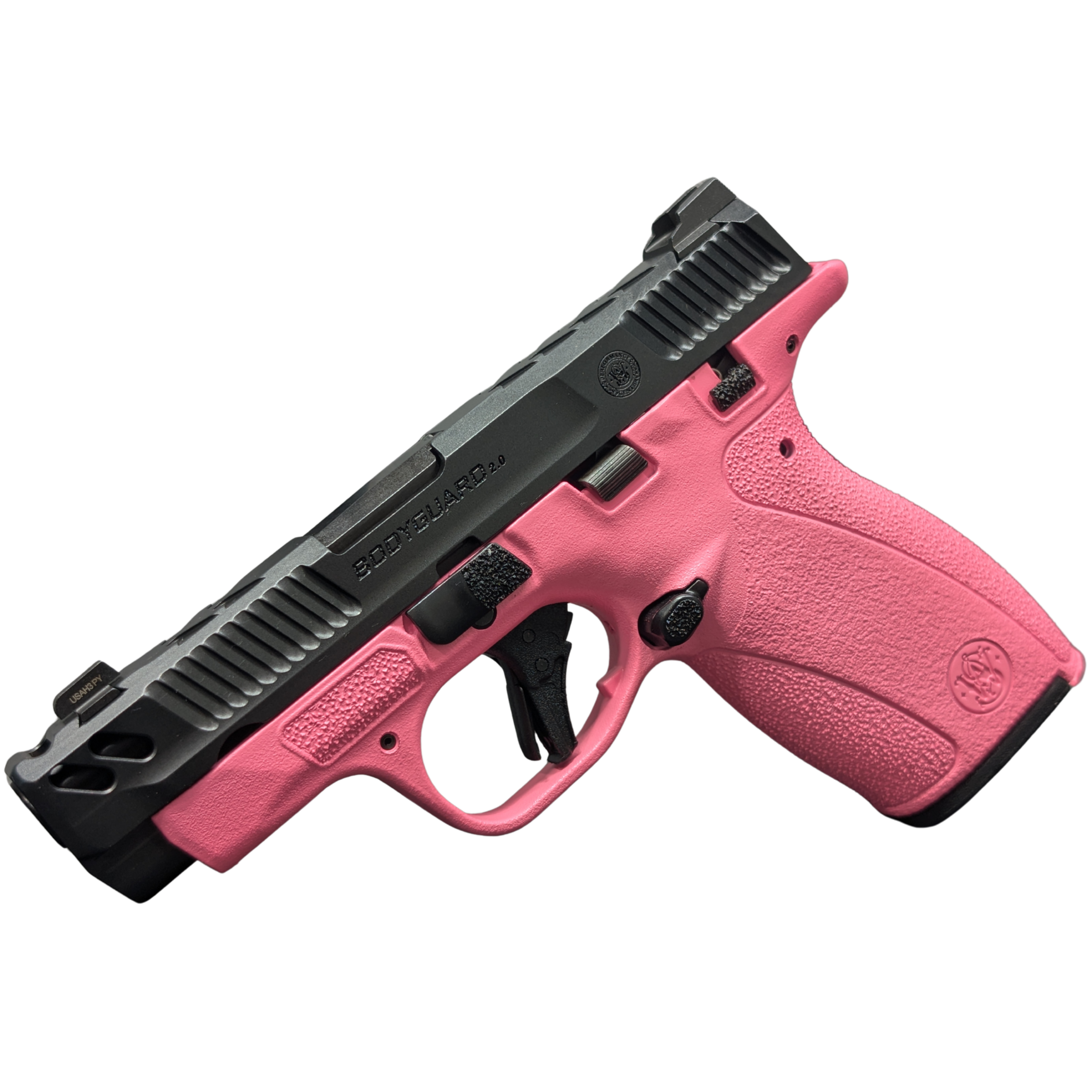Pink handheld firearm on a black background