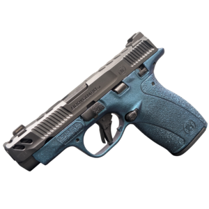 Blue handgun with silver accents on black background.