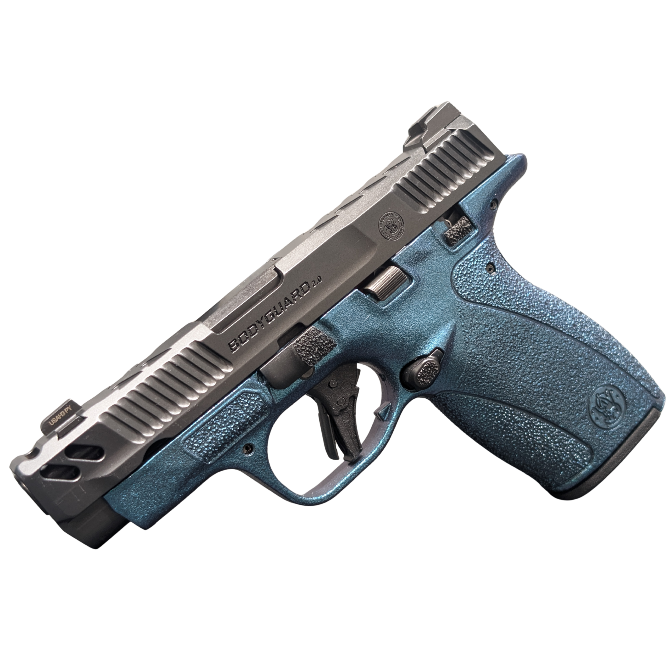 Blue handgun with silver accents on black background.