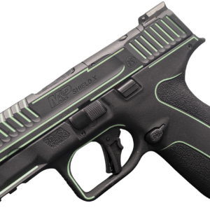 Black handgun with green accents and textured grip.