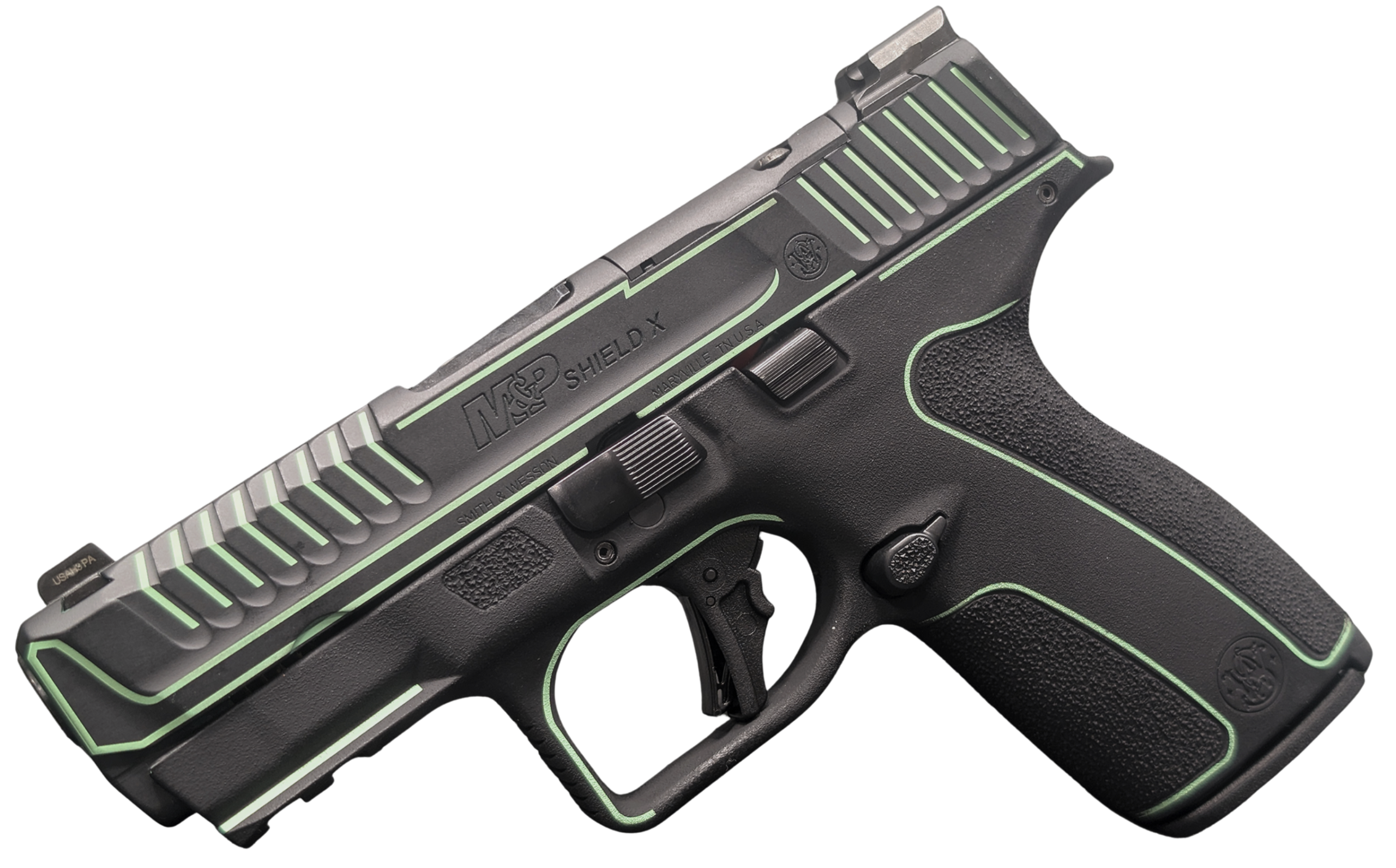 Black handgun with green accents and textured grip.