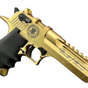 Gold-plated handgun with textured handle.