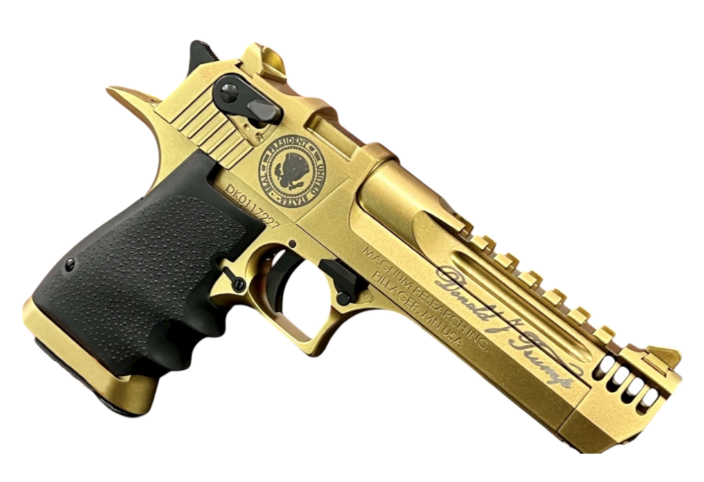 Gold-plated handgun with textured handle.