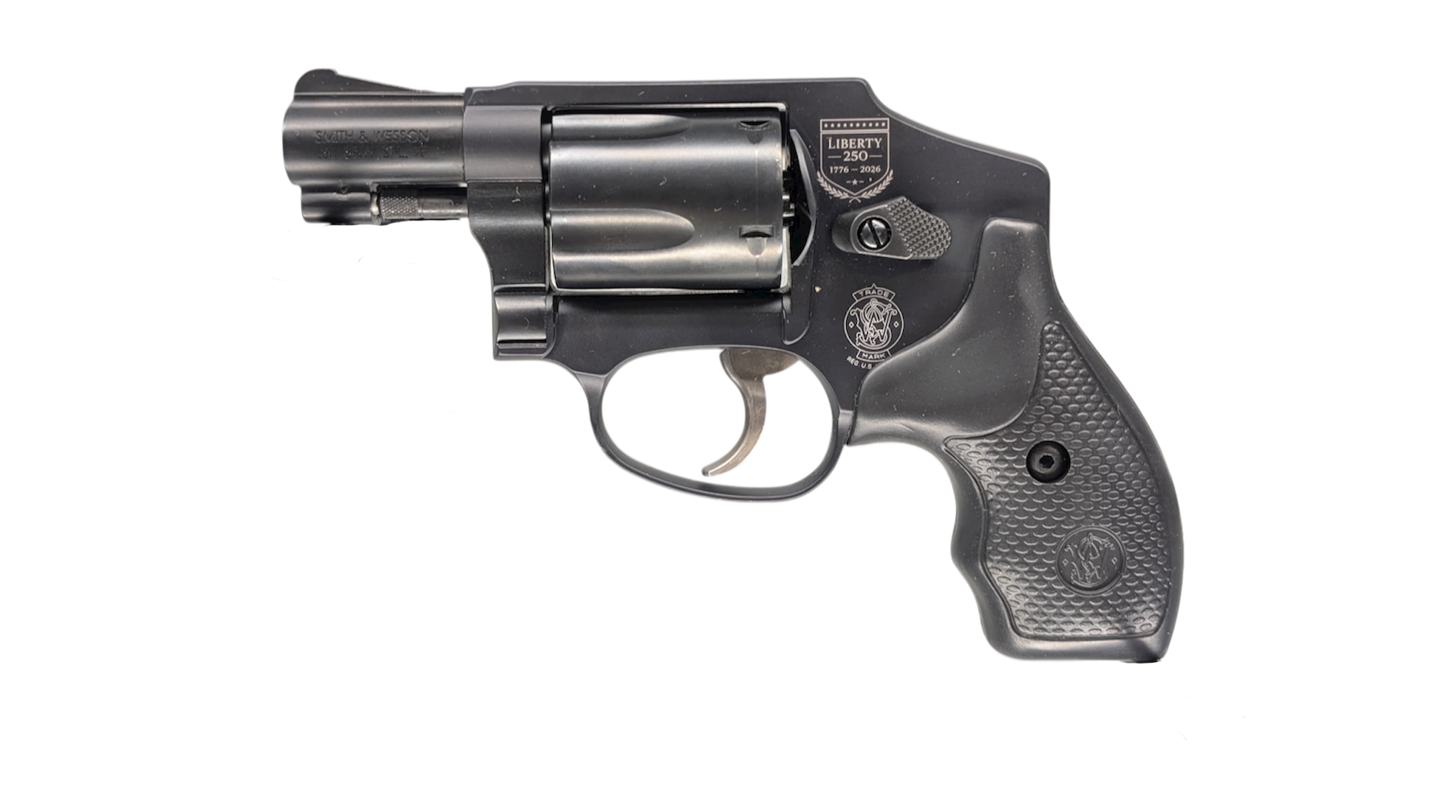 Black revolver on a white background