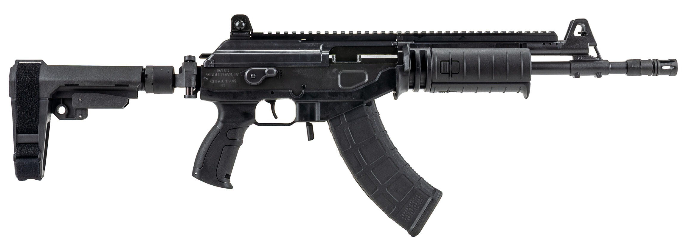Side view of a modern tactical firearm.
