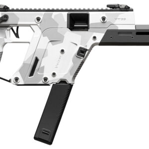 White camouflage firearm with a black handle.