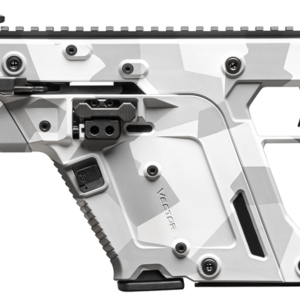 Side view of a white camouflaged firearm.