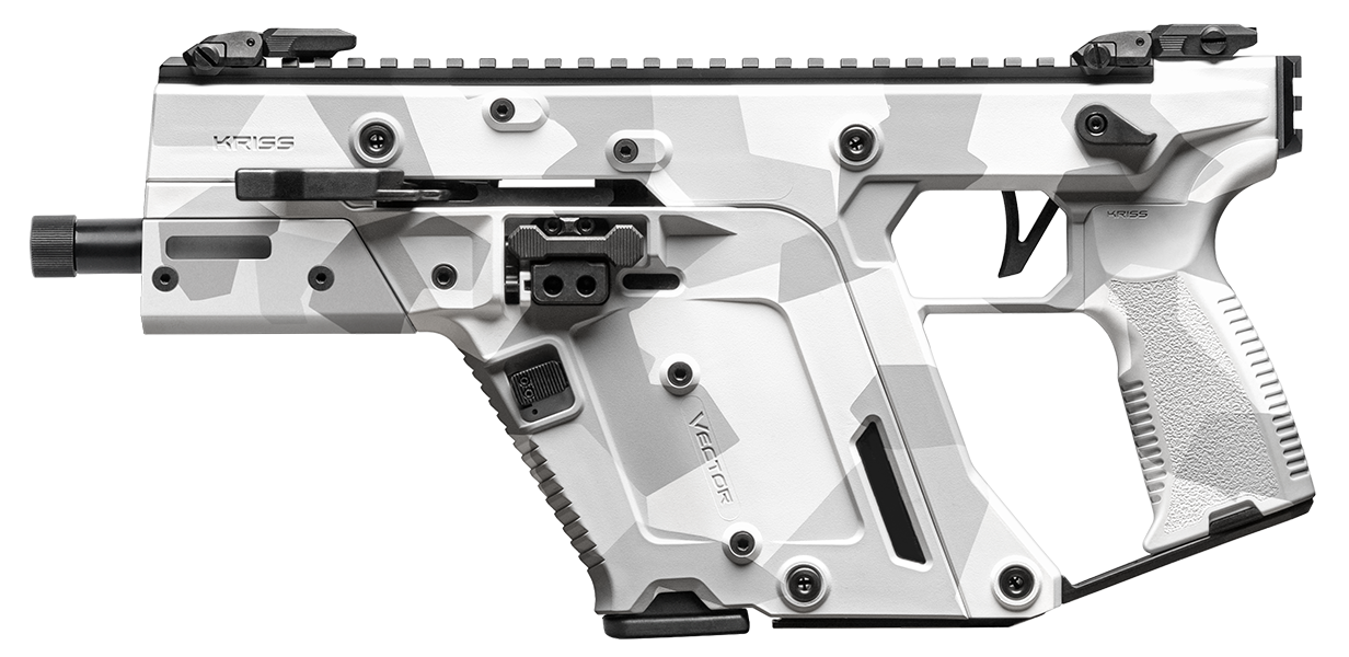 Side view of a white camouflaged firearm.