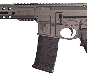 Modern rifle with tactical design and features.
