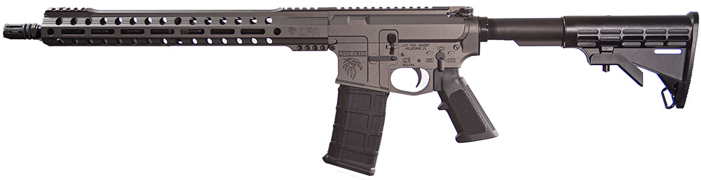 Modern rifle with tactical design and features.