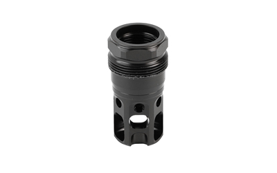 Black firearm muzzle brake with threaded design.