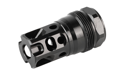 Black muzzle brake for firearms with unique design.