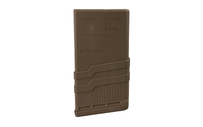 Tan magazine for firearm, 7.62x51 caliber.