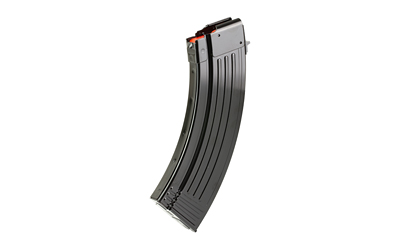 Curved black firearm magazine on a white background