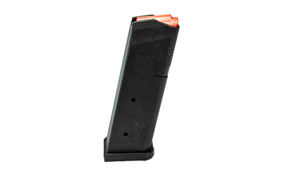 Black firearm magazine with red tip.
