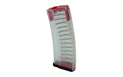 Clear magazine with red base for firearms.