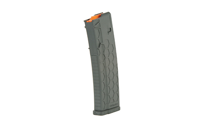Gray firearm magazine with orange tip